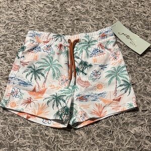GOTTEX KIDS Tropical Print Swim Shorts in White with Green & Orange